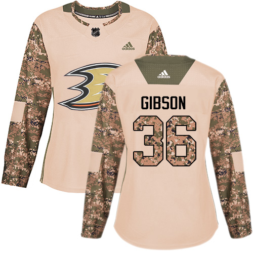 Adidas Ducks #36 John Gibson Camo Authentic Veterans Day Women's Stitched NHL Jersey - Click Image to Close